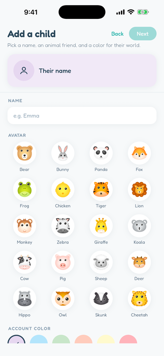 Add a Child screen with animal avatars and colors on your phone | Toddler Mode — toddler lock, kid-safe mode, safe screen time & parental control app for phones and tablets, ages 2 to 5