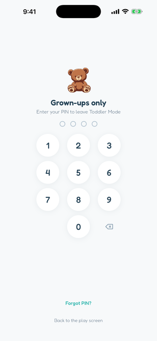 Grown-ups-only PIN pad that unlocks the parent side | Toddler Mode — toddler lock, kid-safe mode, safe screen time & parental control app for phones and tablets, ages 2 to 5