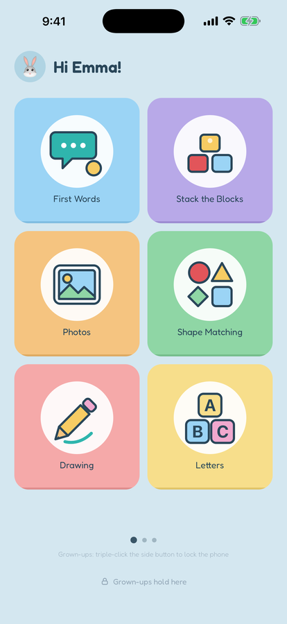 Toddler Mode kid-safe home screen showing a toddler's approved apps | Toddler Mode — toddler lock, kid-safe mode, safe screen time & parental control app for phones and tablets, ages 2 to 5